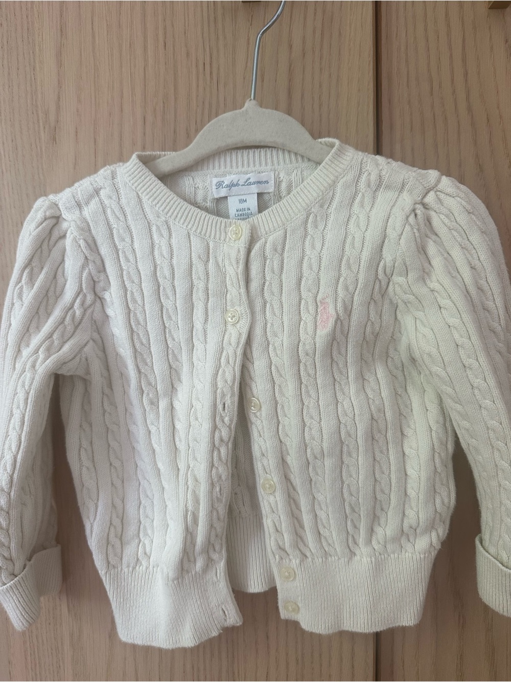 Ralph Lauren Ivory Cable Knit Cardigan with Pink Pony